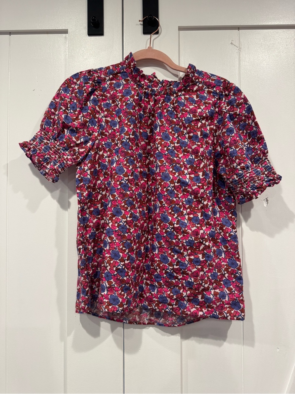 J. Crew Pink and Blue Floral Short-Sleeve Blouse